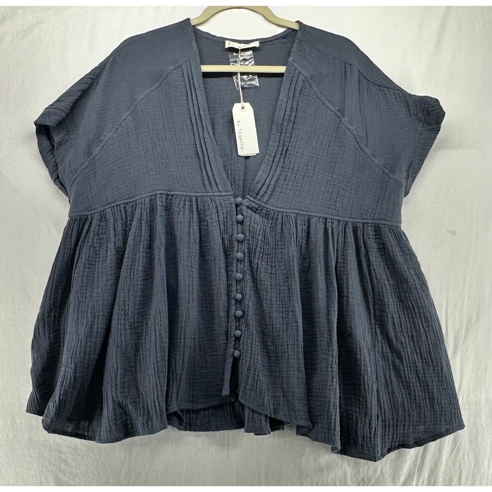 By Together Woven Cotton Gauze Plunged V-Neck Button Top Blue Gray L NEW